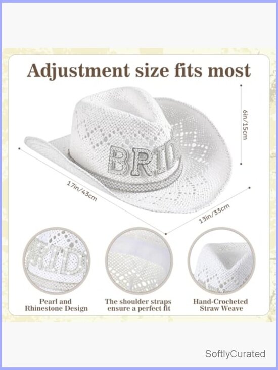 White Wide Brim Cowgirl Hat with Pearl Bride for Bachelorette Wedding main image 5
